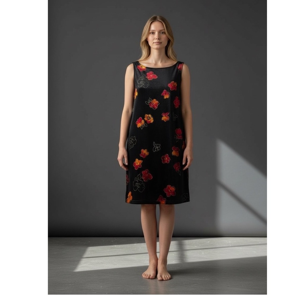 VTG David‎ Wayne Black Floral Velvet Sleeveless Midi Dress fairy goth 90s sz L